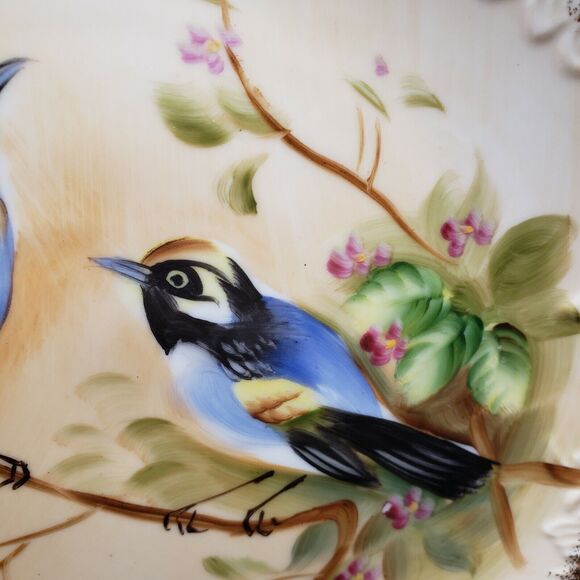 Gorgeous Signed ENESCO Plate 2 Blue Yellow BIRDS on Branch Plum Flowers Floral - Picture 3 of 9